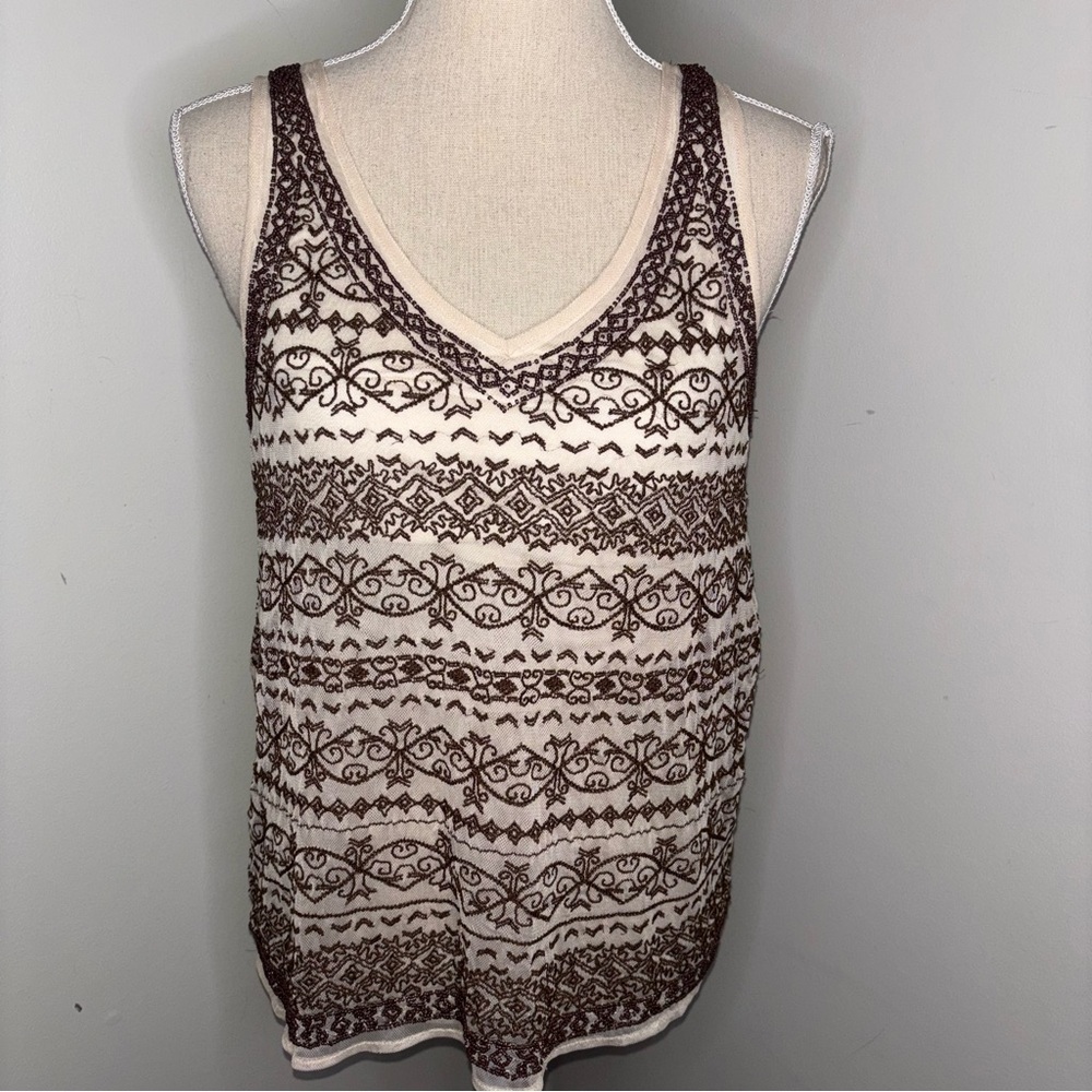 Sundance NEW embroidered & beaded mesh overlay tank top cream brown size XS